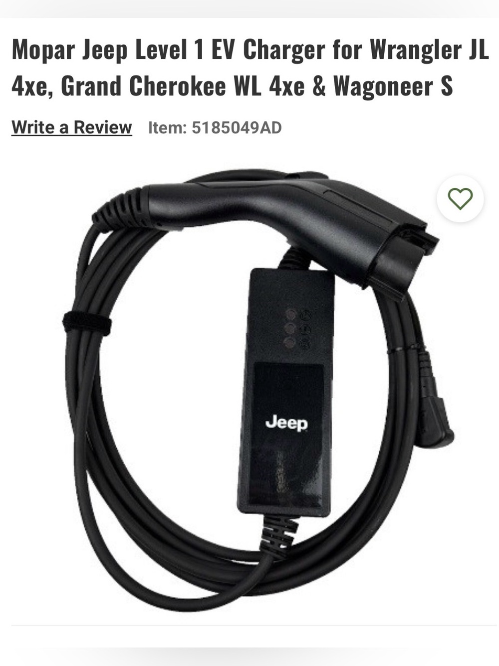 Mopar Jeep Level 1 EV Charger for Wrangler JL 4xe, Grand Cherokee WL 4xe & Wagon